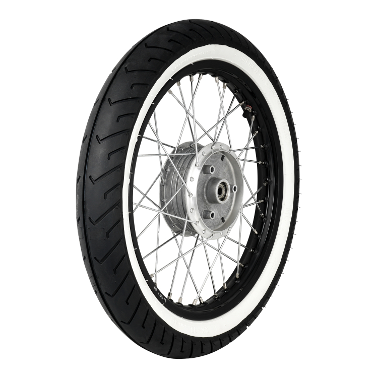 Komplettrad Alufelge schwarz - VORNE - 1,5x16 Zoll Edelstahlspeichen Weißwandreifen