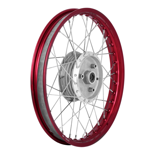 Speichenrad 1,5x16 Zoll Alufelge rot eloxiert und poliert + Chromspeichen
