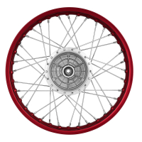Speichenrad 1,5x16 Zoll Alufelge rot eloxiert und poliert + Chromspeichen