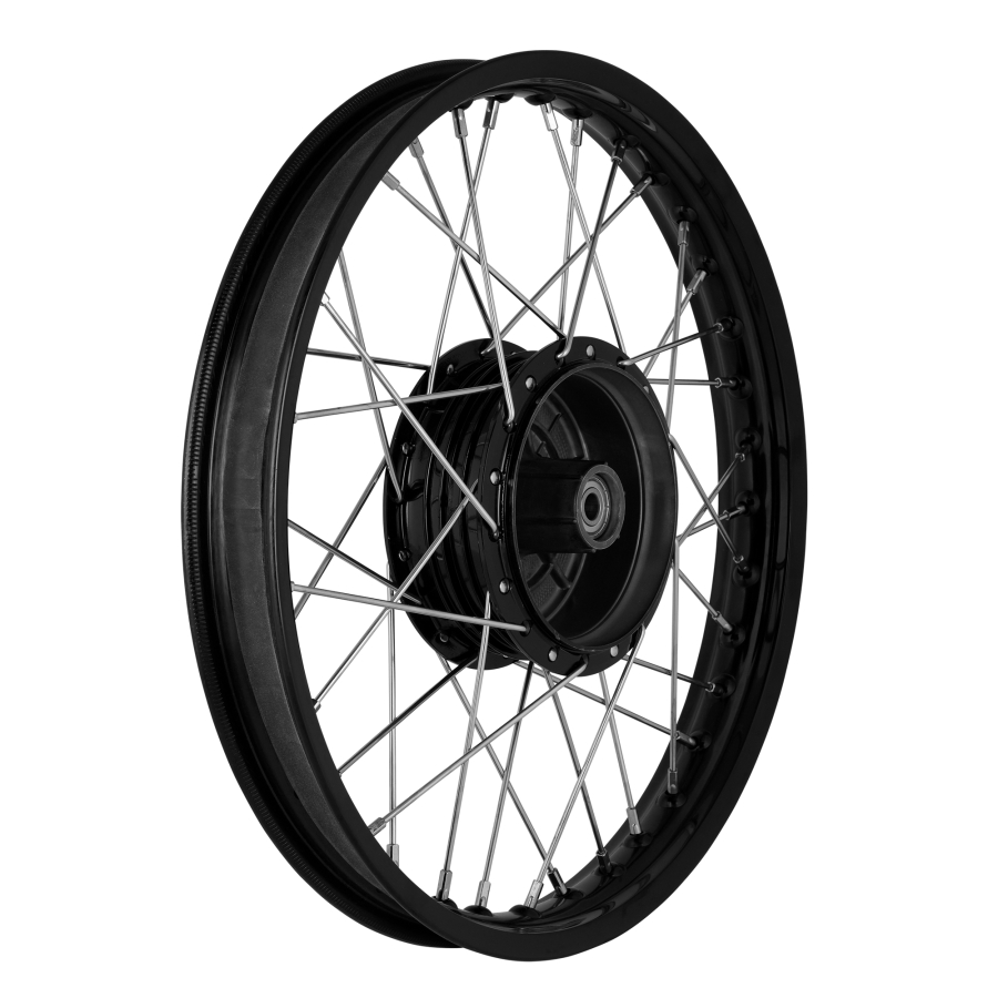 Speichenrad 1,5x16 Zoll Alufelge schwarz eloxiert + poliert + Edelstahlspeichen + schwarze Radnabe