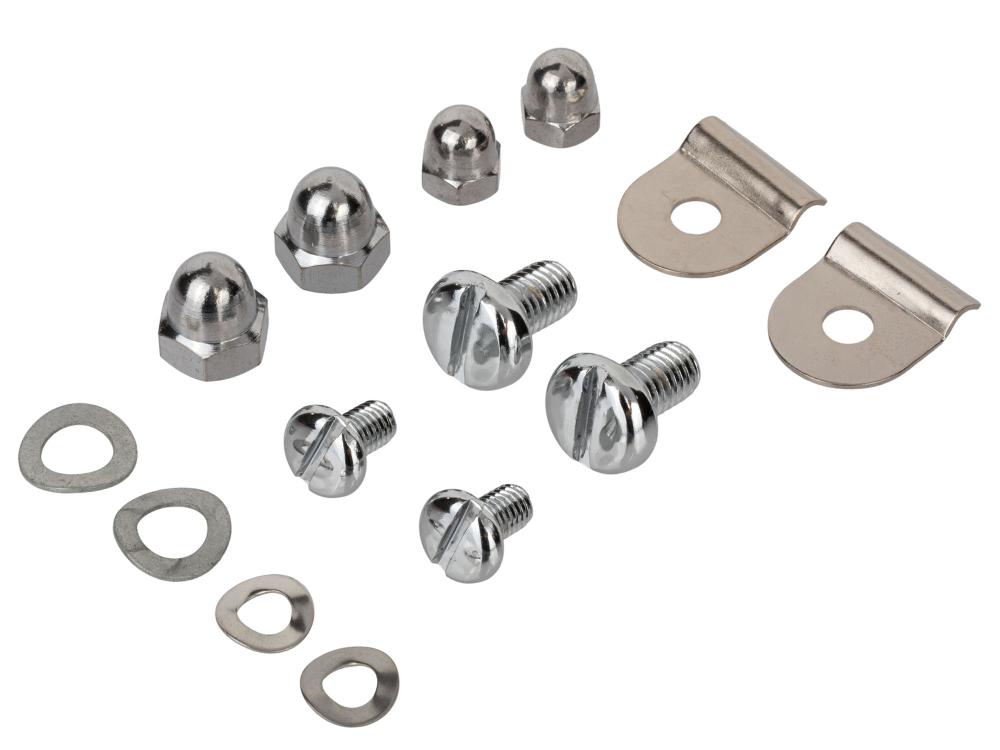SET Hutmuttern Zierschrauben, Kederklemmen, (verchromt) + Federscheiben - für Schwalbe