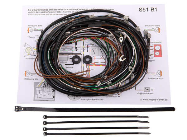 Kabelbaum für Simson S51 B1-3, B1-4 mit Unterbrecherzündung inkl. Schaltplan