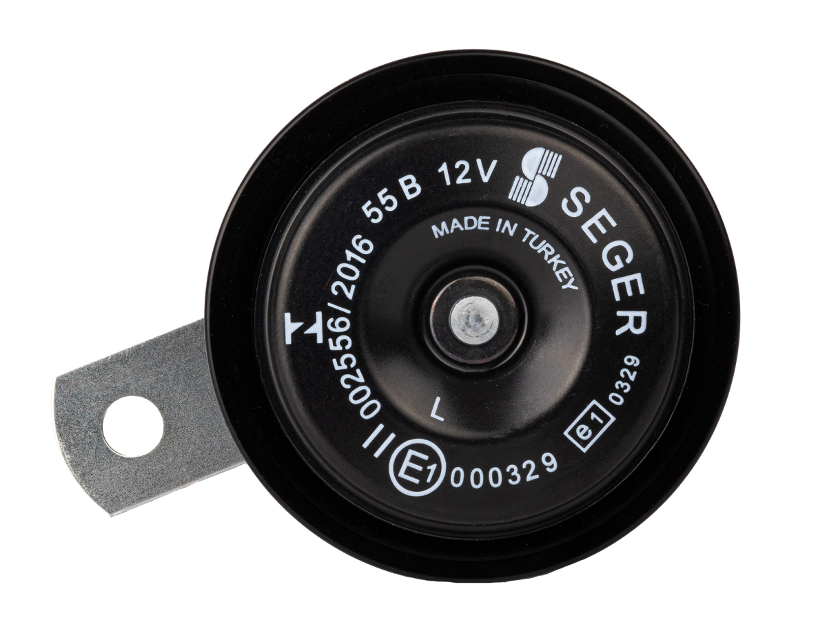 schwarze Hupe, Signalhorn - 108 db(A) - 12 Volt, 350-420 Hz, ca. Ø76mm - Halter: 52 mm