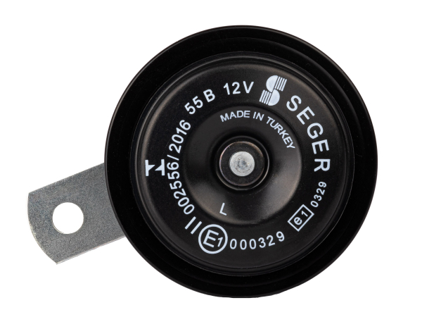 schwarze Hupe, Signalhorn - 108 db(A) - 12 Volt, 350-420 Hz, ca. Ø76mm - Halter: 52 mm