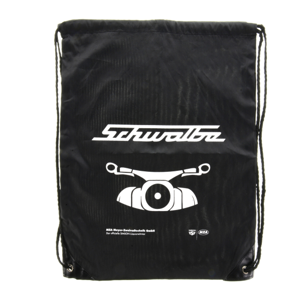 Retro-Sportbeutel - schwarz mit Kordelzugverschluss - Material: 210D-Polyester - mit Aufdruck: Schwalbe und Frontmotiv