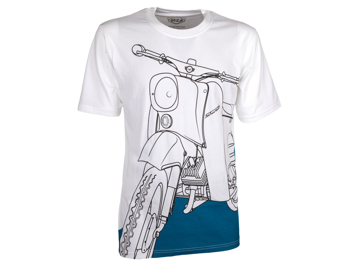 T-Shirt Farbe: weiß - Motiv: Schwalbe auf Olympiablau - 100% Baumwolle XS