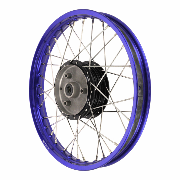 Speichenrad mit 1,5x16 Alufelge blau und Edelstahlspeichen & schwarzer Radnabe
