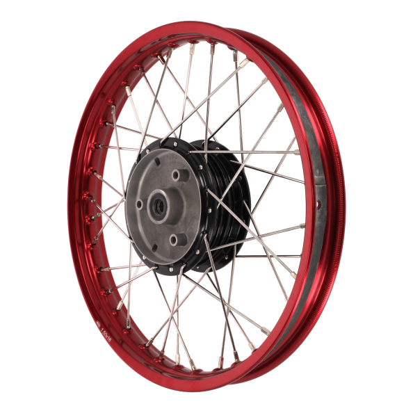 Speichenrad mit 1,5x16 Alufelge rot und Edelstahlspeichen & schwarzer Radnabe