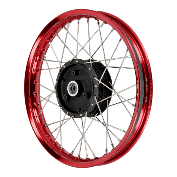 Speichenrad mit 1,6x16 Alufelge rot und Edelstahlspeichen + Radnabe schwarz