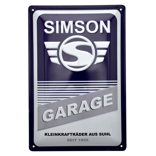 Simson Garage Blechschild 20x30cm Hochformat – 3D geprägt blau/weiß, Werkstatt-Deko