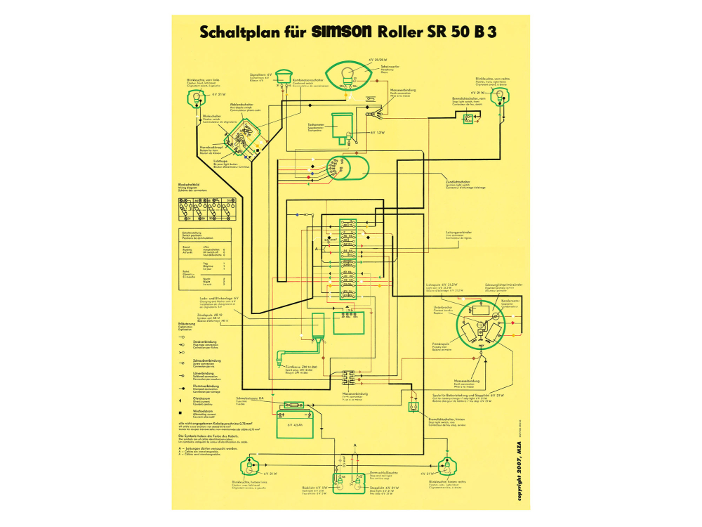 Farbiger Schaltplan für SR50 B3 Simson Roller, 22,23
