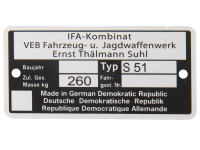 Typenschild für Simson S51 Rahmen